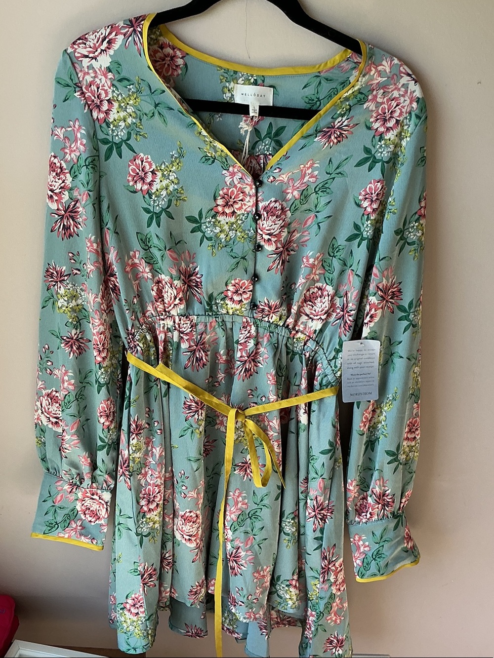 MELLODAY Sage Green Floral Long-Sleeve Pajama Top with Yellow Trim